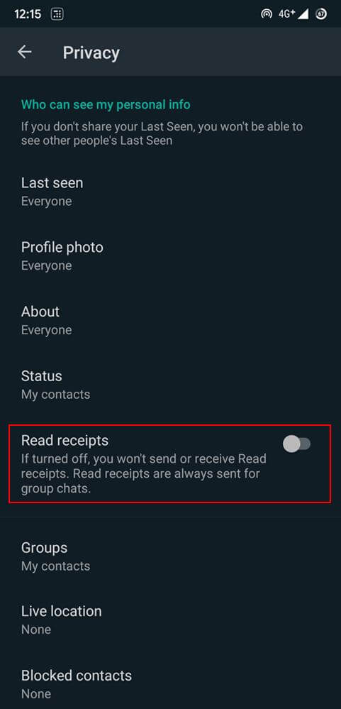 Disable the "Read receipts" option